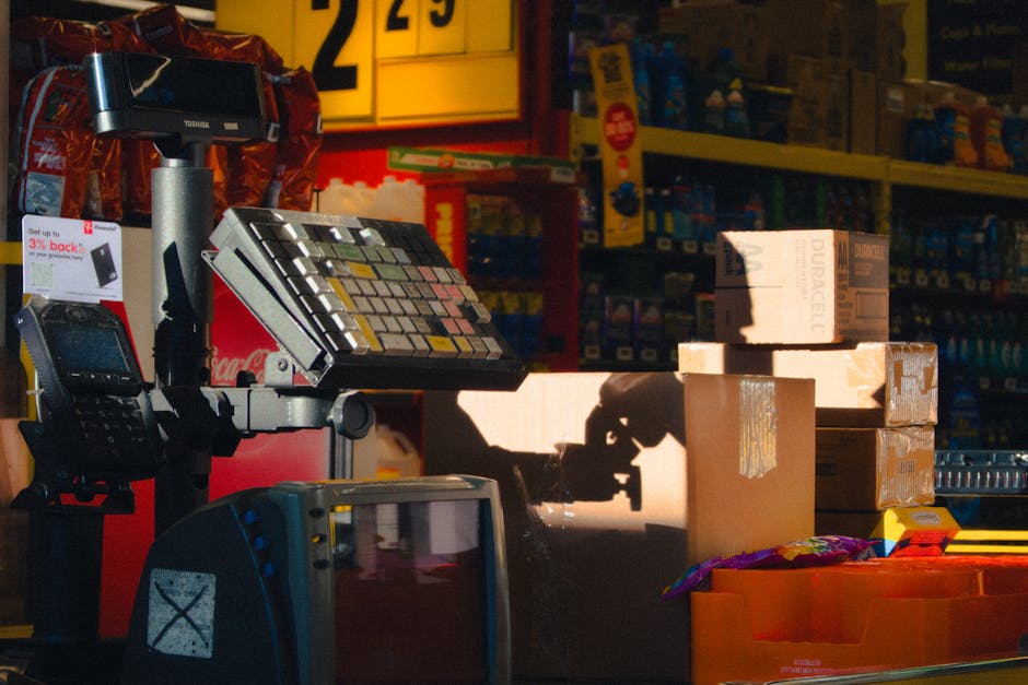 Close-up view of a retail checkout counter inside a shop, with a cash register featuring a calculator-style keypad, a barcode scanner, and a digital display screen. To the right of the checkout, there are stacked cardboard boxes, some sealed with packing tape, and a partially visible orange plastic bin containing smaller retail items. The background displays shelves stocked with various products in packaging, illuminated by indoor ambient lighting that casts shadows across the counter. The scene is typical of a retail environment preparing for or involved in stock organization, with a focus on transaction equipment and packaging materials, which can be associated with retail waste management or on-site clearance processes facilitated by professional rubbish removal services like House Clearance Kingston.